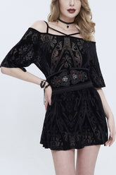Robe punk pour femme avec imprimé noir à l'avant, longue à l'arrière, fendue sur le côté, épaules dénudées